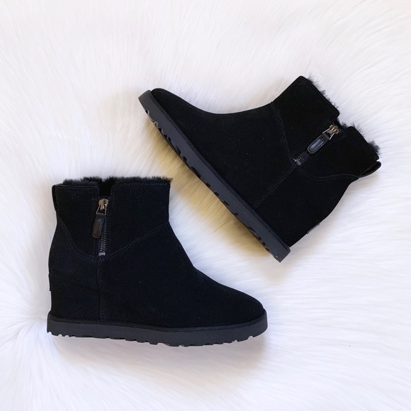UGG Women’s Classic Femme Zip Mini Black Wedge Boots - Picture 7 of 9